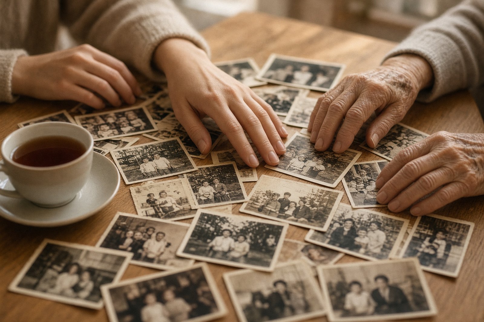 Family photographs spread on a wooden table.