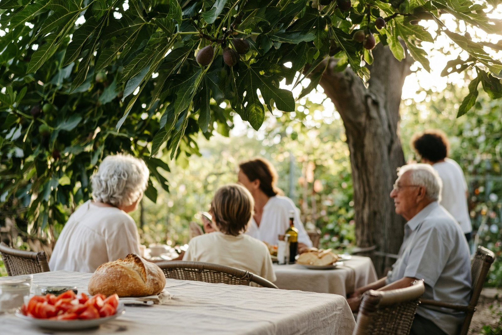 Three generations in a garden.