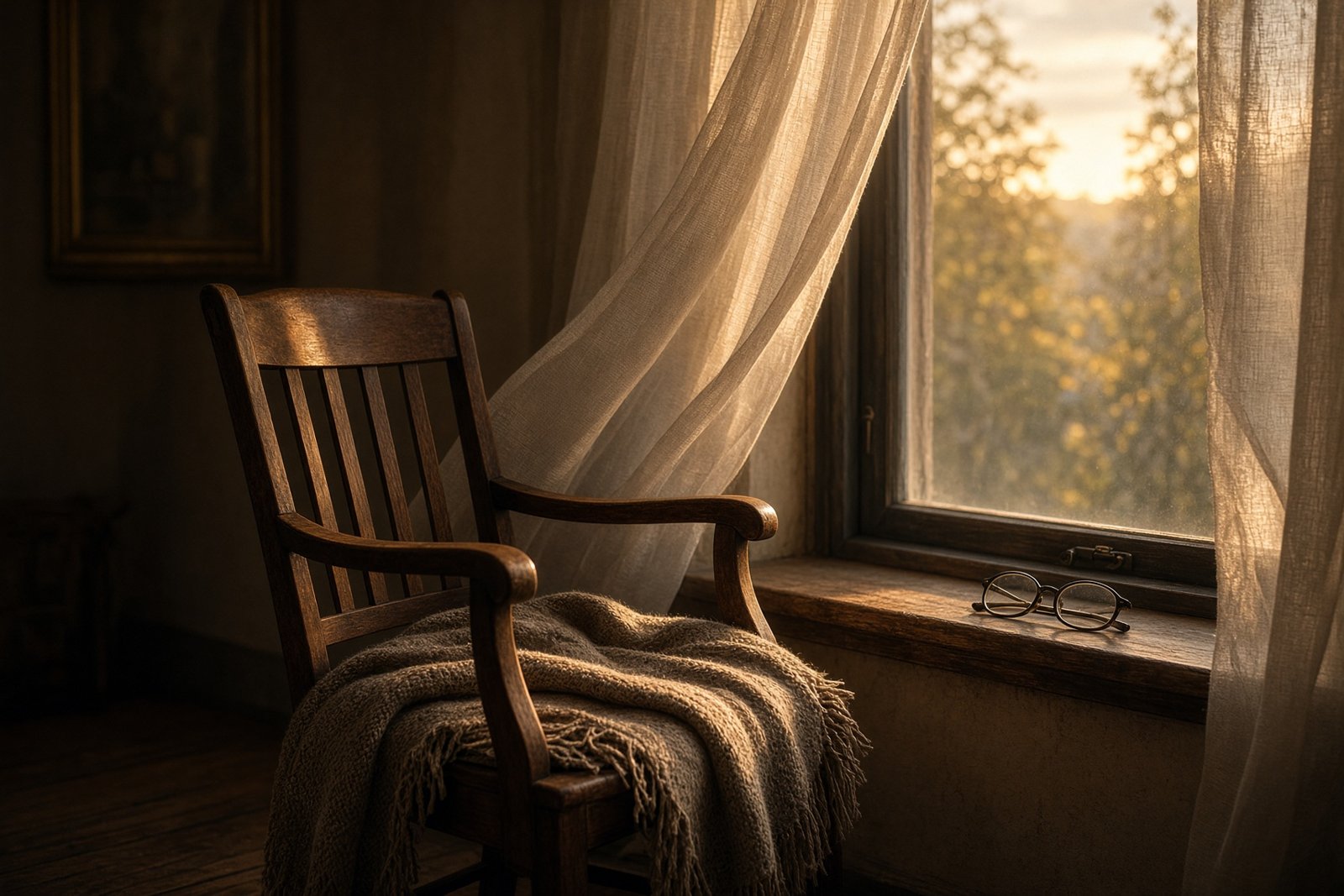 A chair by a window in late afternoon light.